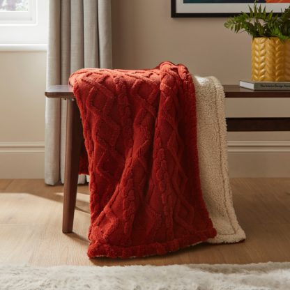 An Image of Aaron Cable Knit Sherpa Throw 130cm x 180cm Orange