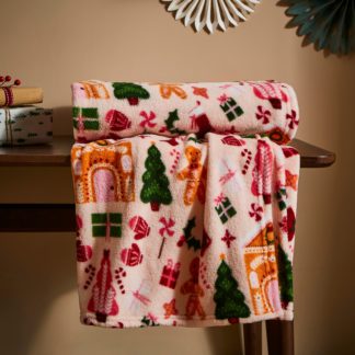 An Image of Gingerbread House Fleece Throw 130cm x 170cm Red