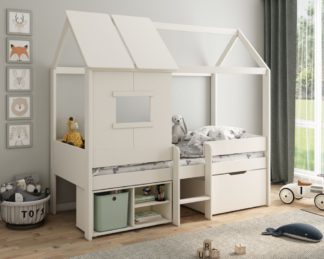 An Image of Mini – Euro Single – Playhouse Kids Bed with Underbed Shelving and Drawer– White – Wooden – 3ft - Happy Beds