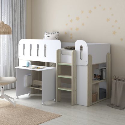 An Image of Amelia - Single – Mid Sleeper with Storage and Pull-Out Desk – White/Pale Wood - Particleboard - 3ft