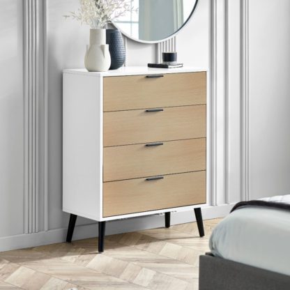 An Image of Alba – 4-Drawer Wide Chest of Drawers – White and Oak – Lacquered MDF - Happy Beds