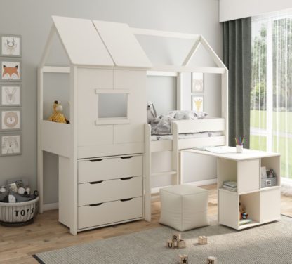 An Image of Midi – Euro Single – Playhouse Kids Bed with a Desk and Chest of Drawers– White – Wooden – 3ft - Happy Beds