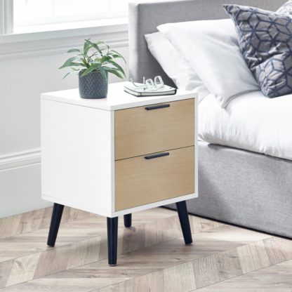 An Image of Alba – 2-Drawer Bedside Table – White and Oak Grey – Lacquered MDF - Happy Beds