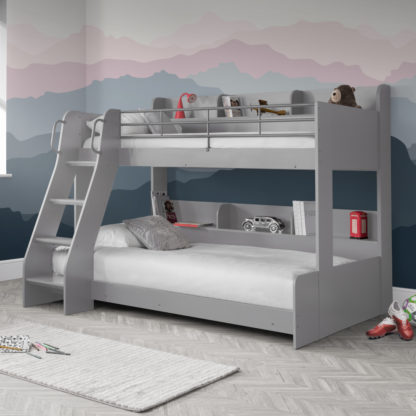 An Image of Domino - Kids Triple Sleeper Bunk Bed - Light Grey - Wooden - Single Top and Small Double Bottom - 3ft and 4ft - Happy Beds