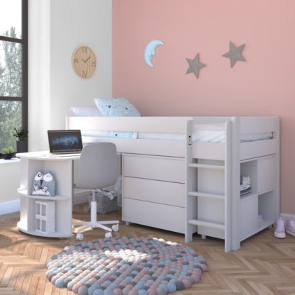 An Image of Stompa Uno Midsleeper With Pull Out Desk, Chest of Drawers and Cube Unit, Pine