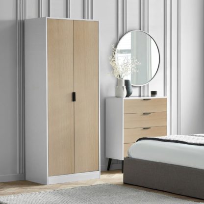 An Image of Alba – 2 Door Wardrobe – White and Oak – Lacquered MDF - Happy Beds