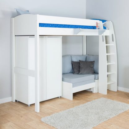 An Image of Stompa Uno High Sleeper with Corner Sofa And Wardrobe, Pine